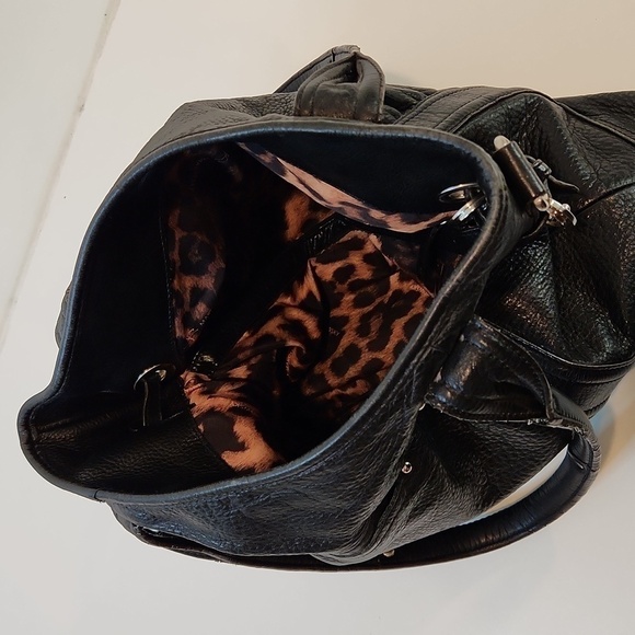 B Makowsky 100% Leather Purse Handbag Nickel Hardware Black W/Cheetah Lined EUC - Picture 7 of 13